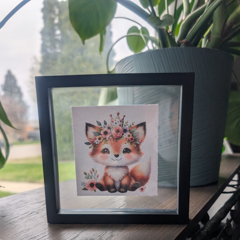 Nursery Art - Cute Baby Fox Floral Print in Black Floating Frame